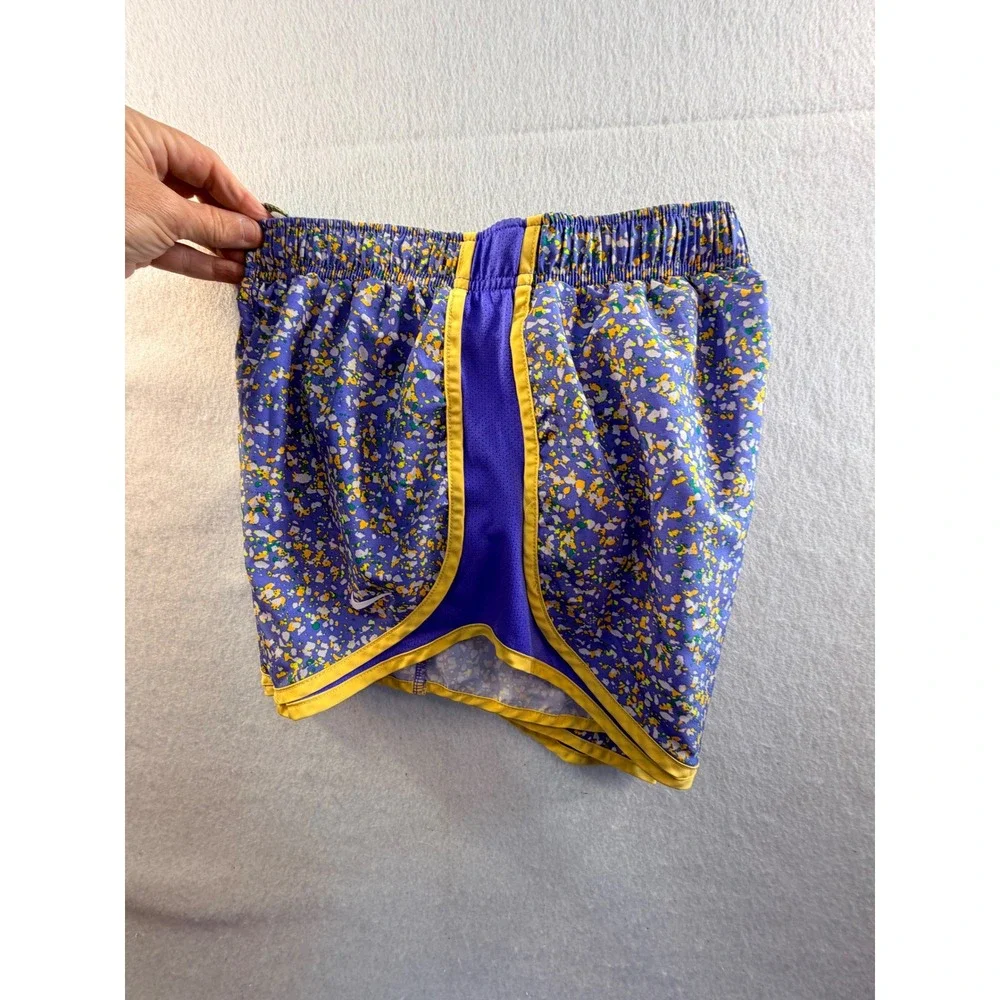 Nike Dri-FIT Tempo Running Shorts Purple Yellow Splatter Print Womens Small